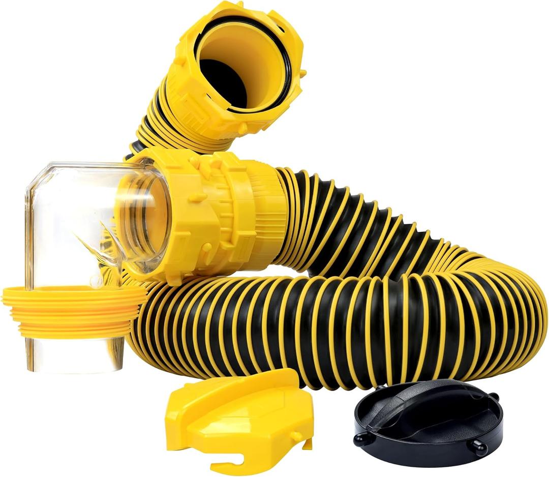 5 FT RV Sewer Hose Kit Heavy-Duty Sun-Resistant Leak-Proof with 90 Degree Clear View Sewer Adapter Storage Cap