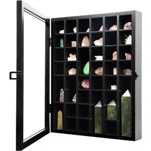 KCRasan Adjustable Rock Display Case - Wooden Crystal Organizer for Stones Storage - Rock Collection Box with Shelves for Agate Opal Crystal Stone Arrowheads Spear Points Rocks Large Black 14.96"L x 3.07"W x 18.7"H