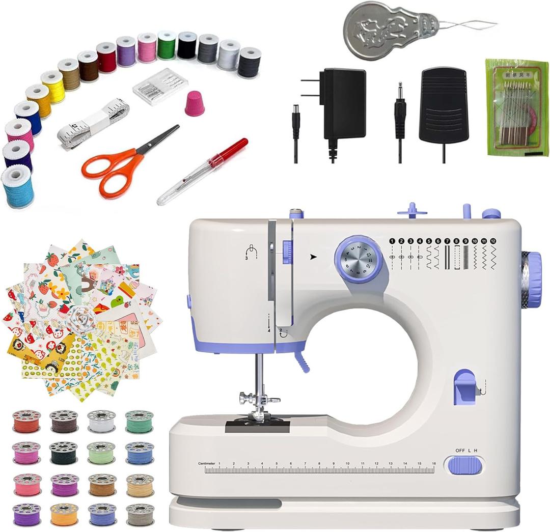 Stoigeld Sewing Machine for Beginners with 20 pcs fabric & 32 pcs.Needles 10pcs/1bag.Sewing Threads Kit, Portable Sewing Machine with 12 Built-in Stitches & 2 Speeds (High-Low Speeds)-SM-725-1