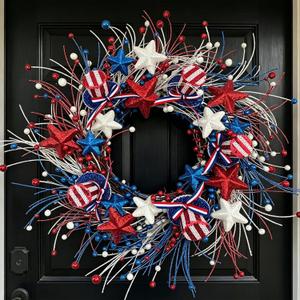24 Inch Patriotic Wreath for Front Door, Red White Blue Glitter Wreaths with 3D Hat & Berries, Memorial & Independence Day Decorations for Porch Wall Window
