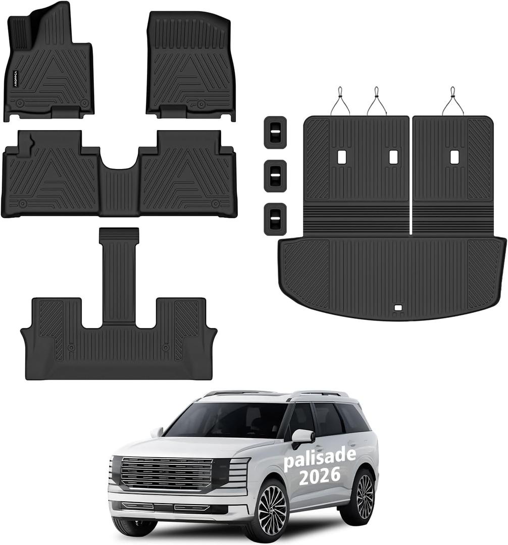 All Weather Car Floor Mats Cargo Liner with Backrest Mat for 2026 Hyundai Palisade 7&8 Seats Hybrid, TPE Rubber Liners Full Set Automotive Mats for 2026 Hyundai Palisade Accessories
