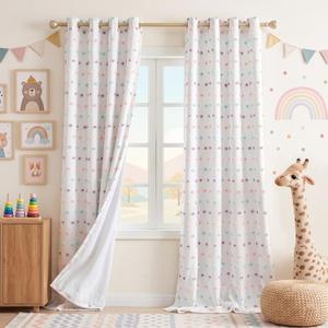 MEETSKY 100% Blackout Curtains for Kids Bedroom 95 Inch Length 2 Panels,Full Light Blocking Curtains for Living Room Grommet Thermal Insulated 2 Layer Drapes with Rainbow Pom Pom Sheer 52" W x 95" L