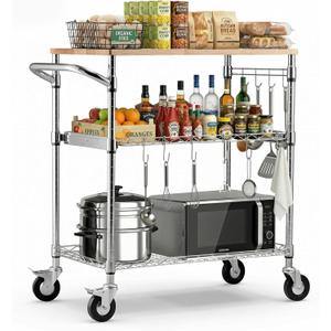 VEVOR Kitchen Utility Cart, 3-Tier Rolling Kitchen Cart with Wood Tabletop and Handle Bar, 661 lbs Capacity Heavy Duty Adjustable Wire Storage Rack, Steel Service Trolley on Wheels, 30 x 18 x 36 in