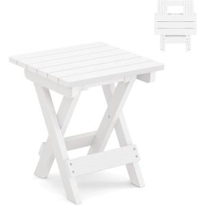 LUE BONA Small Outdoor Folding Side Table, HDPS Outside End Table for Patio, Porch, Deck, Pool, 14 Inch Height, White