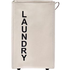 92L Large Laundry Hamper with Leather Handle,Standable Laundry Basket with Wheels ,Large Hamper,Rolling Laundry Basket White (Super Large 27.5", Beige/XXL)