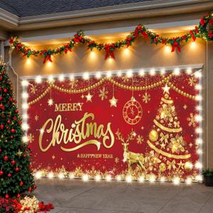 ROCKY&CHAO Christmas Garage Door Cover with Sparkling Night-Time Effect, 6x13ft Red&Gold Holiday Banner for Single/Double Garage, Outdoor Christmas Decorations, Weather-Resistant Polyester Fabric