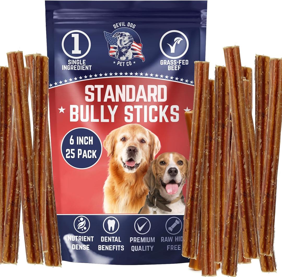 Devil Dog Pet Co. Bully Sticks  6 Inch, 25 Pack, Standard Sized Dog Chews, 100% Natural, Single Ingredient, Free-Range Grass-Fed Beef  Long Lasting, Rawhide-Free Treats for Dogs