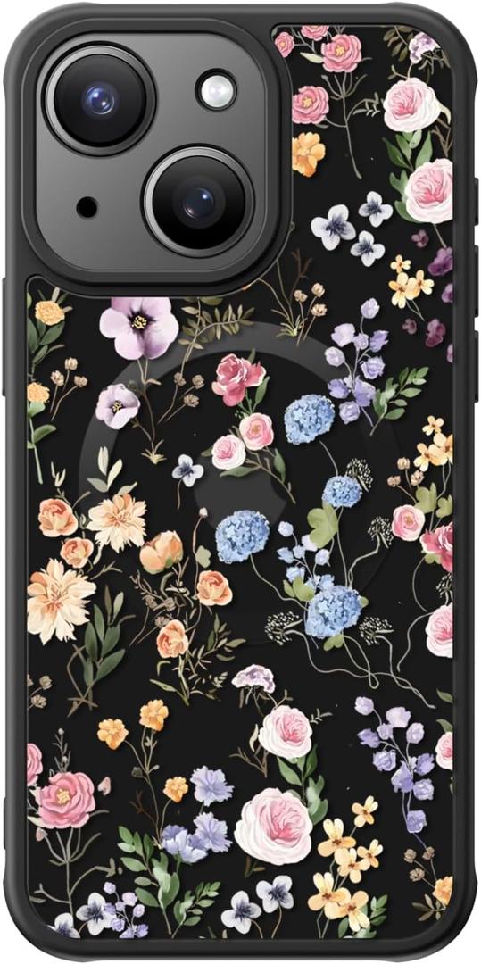 FUNMIKO for iPhone 15 Plus Case Wireless Charging & Military-Grade Protection - Cute Floral Design for Women Girls, Non-Slip Matte Cover with Shockproof Corners - Flowers and Leaves