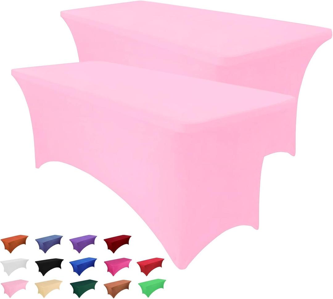 Heochy 2 Pack 6FT Table Cloth for Rectangle Tables - Pink Tablecloth Rectangular Fitted Stretch Spandex Table Covers 6 ft for Birthday, Cocktail, Wedding, Banquet Spring Outdoor Valentines Party