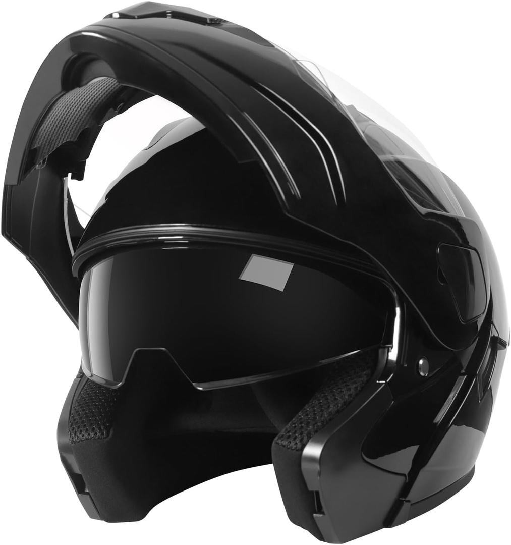 SPARK DOT Approved Modular Flip-Up Dual Visor Motorcycle Full Face Helmet, Bright Black, Medium (57-58cm)