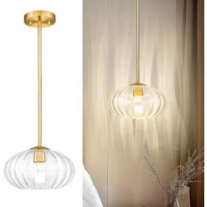 FEMILA Pendant Light for Kitchen Island, 10.3" Brushed Gold Pendant Lighting, Dome Glass Pendant Light Vintage Light Fixtures for Bedroom Hotel Dining Room, 4FYD85MIL BG