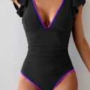 Aidonger Women's One Piece Ruffle Swimsuit Tummy Control Bathing Suit V Neck Shell Stitched Swim Suit Slimming Swimwear (Black, S)