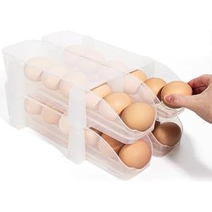 Egg Holder for Fridge, Automatic Rolling Egg Container for Refrigerator for 24 Eggs, Clear Assembled Plastic Egg Storage Dispenser with Lid, Stackable Eggs Organizer, 4 Pack