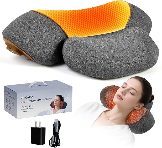 3-in-1 Rechargeable Neck Massager Pillow with Heat, Vibration & Traction, Deep Tissue Pain Relief, Neck Hump Corrector & Cervical Support for Home Office Travel (Light Gray)