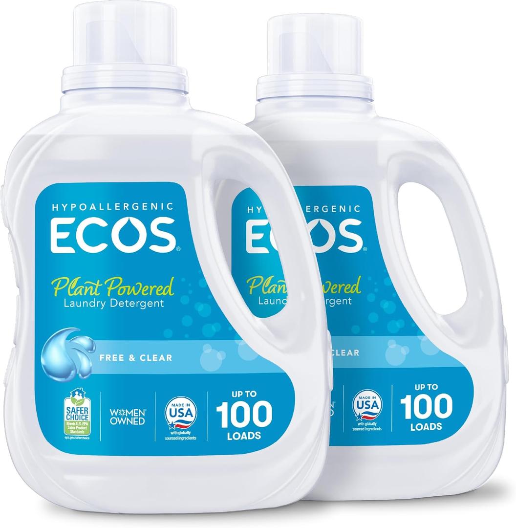ECOS Laundry Detergent Liquid, 200 Loads - Dermatologist Tested Laundry Soap - Hypoallergenic, EPA Safer Choice Certified, Plant-Powered, Free & Clear, 100 Fl Oz (Pack of 2)