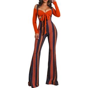 Ophestin Womens Sexy Off Shoulder Tie Crop Top Ethnic Print Bell Pants Suspenders Set 2 Piece Outfits Jumpsuits Overalls Orange, Size XL