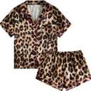 BEAUDRM Women's 2 Piece Satin Pajama Set Leopard Button Front Short Sleeve Cheetah Collar Shirt and Shorts Sleepwear Set Pjs Brown XX-Small