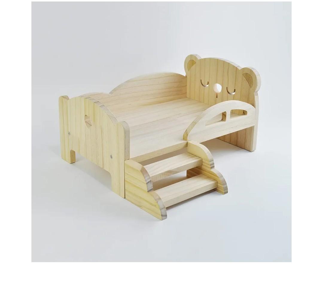 Wooden Toy Bed Pet Bed Doll Bed with Stairs Small Bed Wooden Four Seasons for Girl Dolls Or Cat Dog Small Anlimals,Bear,A