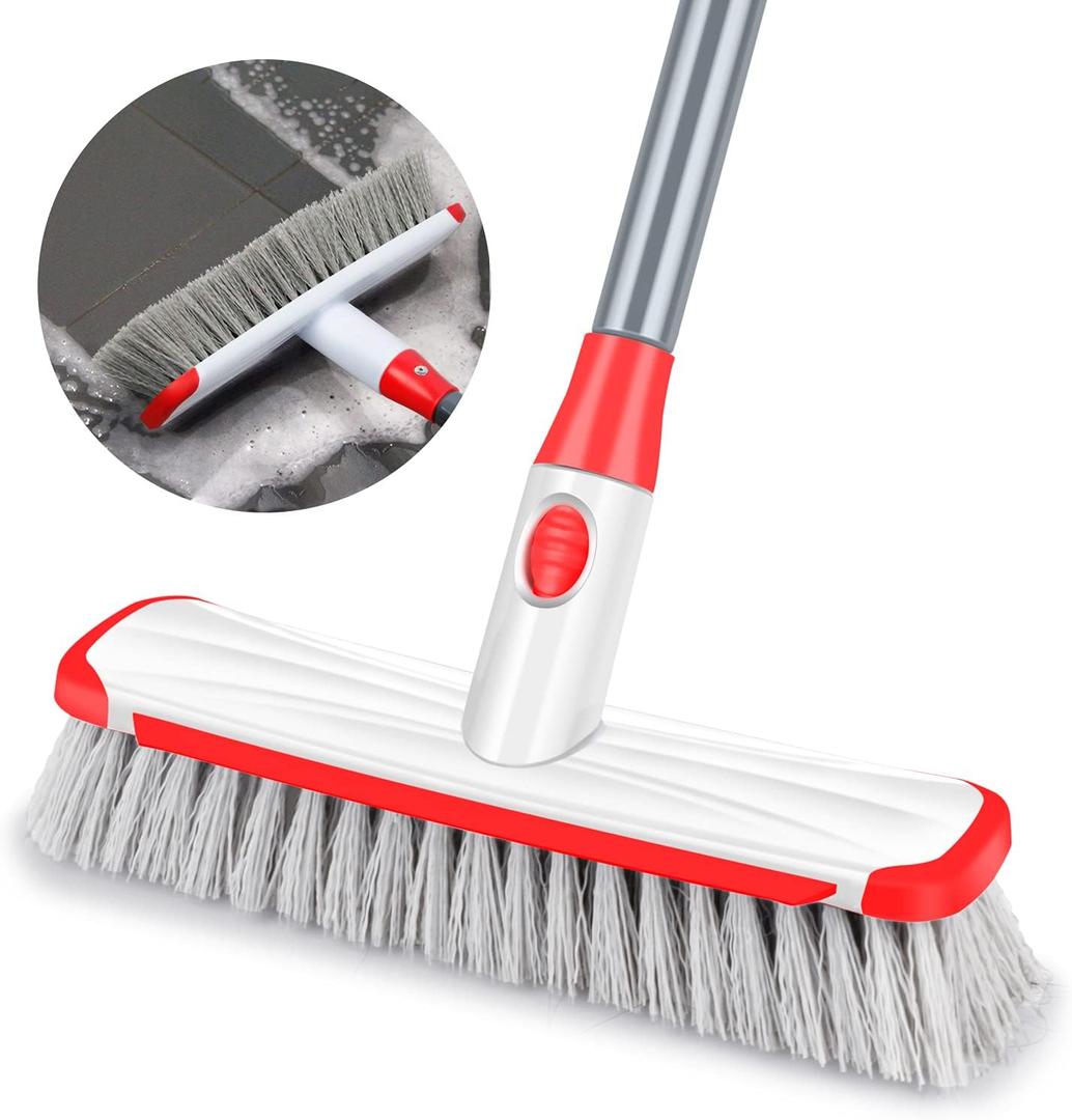 Floor Scrubber with Long Handle, 2 in 1 Scrubbing Brush Stiff Bristle Shower Cleaning Brush for Bathroom, Kitchen, Tub, Carpet, Grout, Tile (White)