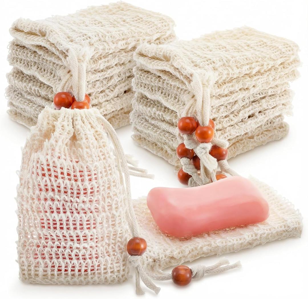 60 Pack Mesh Soap Saver Bags, 5.3 x 3.7 Inch Natural Sisal Exfoliating Soap Pouch Holder with Drawstring for Lathering, Drying, and Shower Use, Beige