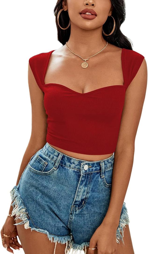 LYANER Women's Square Neck Ribbed Knit Sleeveless Slim Fit Solid Crop Top Shirt (M)