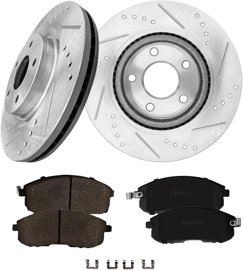 PM Auto Set of 6 Front 296mm Drilled Slotted Brake Disc Rotors-Ceramic Brake Pad Kit Replacement For 2007-2012 2017-2019 Nissan Sentra