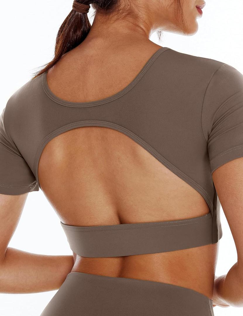 Women's Open Back Workout Crop Top Yoga Backless Built in Bra Cream Feeling Crew Neck Gym Fitness Short Sleeve T Shirts Large