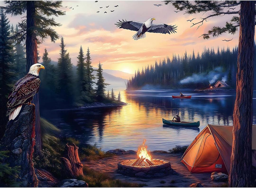 500 Piece Jigsaw Puzzle for Adults  Peaceful Lake Sunset with Eagles and Campfire | Nature Landscape | Relaxing 500 Piece Puzzles for Adults & Great Puzzle for Family Time or Display (20.5" x 15")