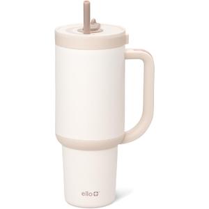 Ello Oasis 30 oz Tumbler with Handle & Retracting Straw | Reusable Insulated Stainless Steel Cup 100% Leakproof, Gifts for Teens Women Men | Keeps cold for 24 Hours, Cup Holder Friendly, Cream Tonal (40 Ounces)