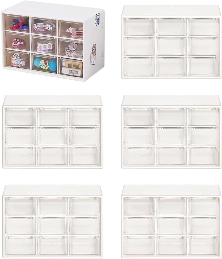 6 Pcs Small Drawer Organizer for Desk Mini Desktop Drawers 6.9" x 3. 8" x 4.6" Plastic Desktop Storage Box with 9 Clear Drawers for DIY Art Classroom Office Supplies, Dust-proof (White)