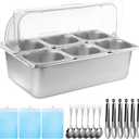 Cold Food Buffet Server - Countertop Chilled Condiment Container with 6 Pans & Flip Lid, Portable Salad Bar with Tongs, Spoons, and Ice Packs for Buffets, Parties