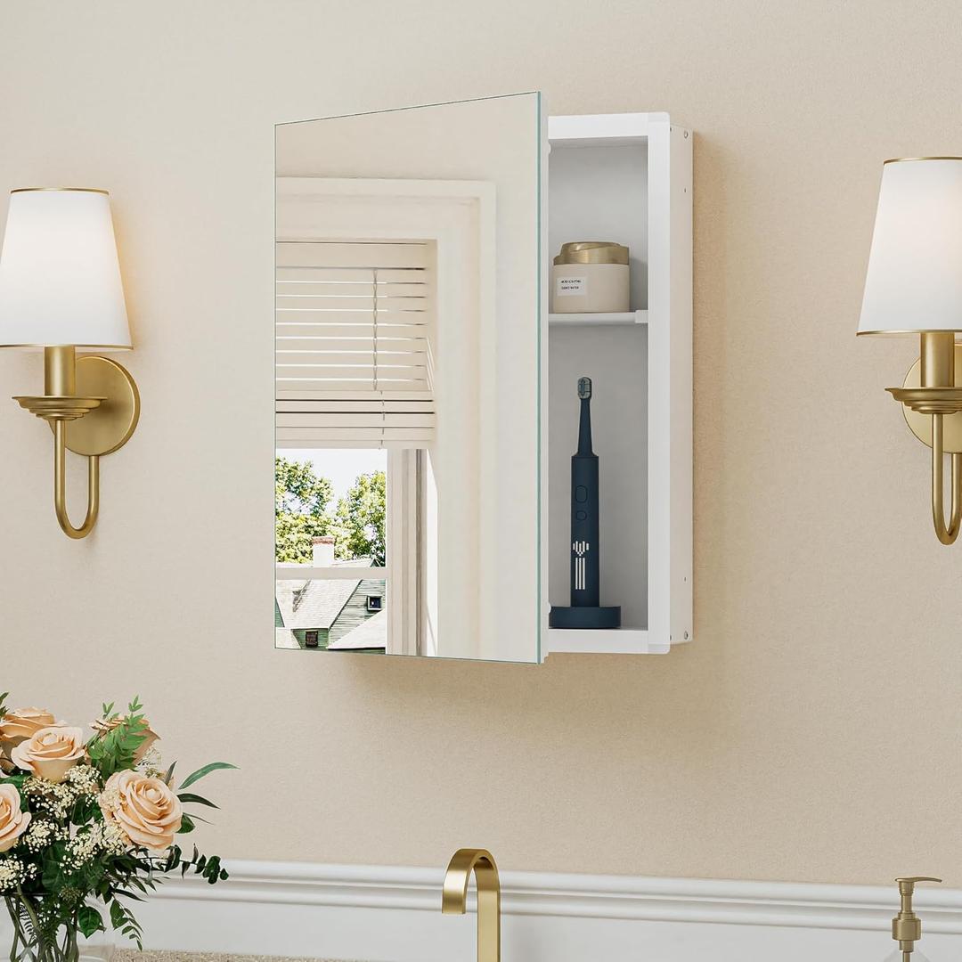Keonjinn Small-Sized White Medicine Cabinet 14.5 x 18.5 Inch, One Shelf Only, Assembly Required, Mini Medicine Cabinet Mirror for Compact Bathroom, Free Adjustable Shelves, Wall Mount or Recessed