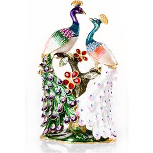 SEVENBEES Hand Painted Pair of Peacocks Figurine Enamel Hinged Jewelry Trinket Box