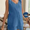 OYOANGLE Women's Maternity 2 Piece Outfits Textured Tie Shoulder Button Tank Top Shorts Summer Lounge Set (Blue) L