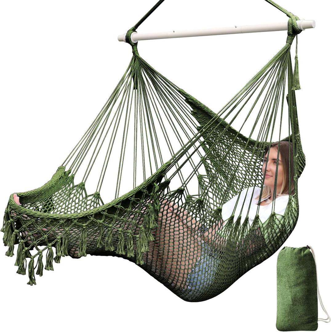 Chihee Hammock Chair Super Large Hanging Chair Soft-Spun Cotton Rope Weaving Chair, Collapsible Strong Metal Spreader Bar Wide Seat Lace Stretch Swing Chair Indoor Outdoor Garden Yard Theme Decoration (Amry-green)