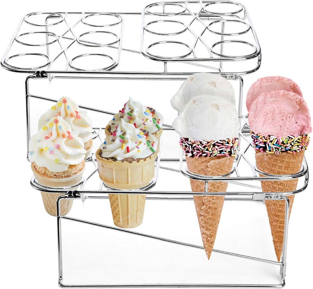 TOPZEA 2 Pack Ice Cream Cone Baking Racks, 12-Cavity Cupcake Waffle Cone Holder Dessert Display Stands for Baking, Cooling, Serving, Birthday, Baby Shower, Wedding Party, Christmas Treat (Silver)