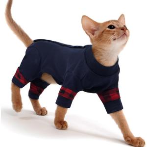 PUMYPOREITY Cat Shirt with Rear Snap Closure, Stretchable Cat Sweater, Comfort Pajamas Post-Bath, Recovery Suit - Full Coverage for Wound Care, Kitten Onesie - Machine Washable, S, Blue