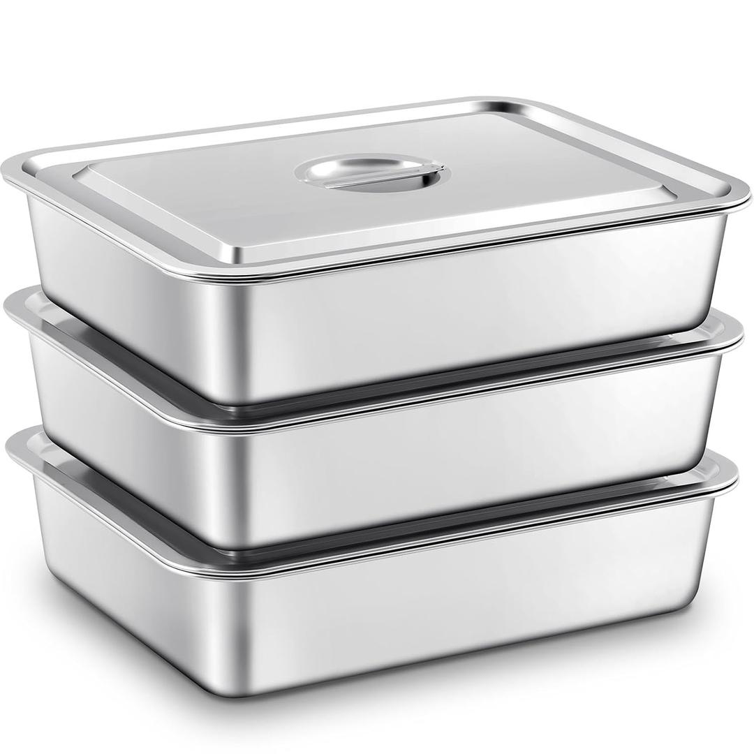 3 Pcs Stainless Steel Bus Tubs with Lid 13 L Commercial Tote Box 4" Deep Food Grade Meat Processing Tubs Lug Dishwashing Utility Prep Tub Table Pans, Silver (17.7 x 13.7 Inch)