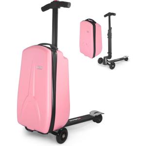iubest Luggage Carry On Scooter Suitcase for Kids Age 4-15, Detachable & Foldable 4 in 1 Suitcase, Multifunctional Ride On Travel Trolley Scooter Combo-Pink