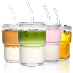 15oz Iced Coffee Cups with Lids Reusable,4Pcs Glass Matcha Cups,Glass Cups with Lids and Straws,Clear Glass Coffee Tumbler for Drinking Water,Tea,Juice