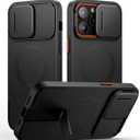 SURITCH for iPhone 14 Pro Max Case with Magnetic Camera Slide Cover and Adjustable Kickstand, Compatible with MagSafe, Shockproof Bumper Case Slim Protective Cover 6.7 Inch, Black