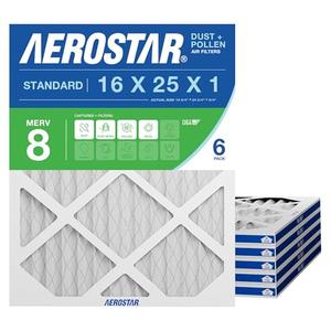 Aerostar Air Filter 16x25x1 MERV 8 AC Filter, HVAC, Furnace Filter, 6 Pack
ACTUAL SIZE (15.75 x 24.75 x 0.75) AC Filter, HVAC, Furnace Filter Captures Dust, Lint & Pollen MERV 8