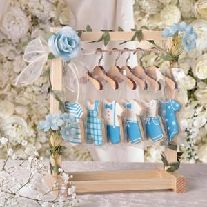 Suclain Mini Wooden Cookie Hangers and Rack Display Stand for Baby Shower Bridal Shower with 6 Hangers, Wood Cookie Rack with Faux Flowers, Vines, Ribbon and Treat Bags for Candy Table Wedding(Blue)