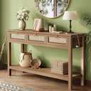 SUPERJARE Rattan Console Sofa Table with Outlets and USB-C Port, 3 Drawer Entryway Table with Synthetic Rattan Surface, Open Shelf, Behind Couch Entry Foyer Hallway Storage, Brown, 11"D x 47.2"W x 31.5"H