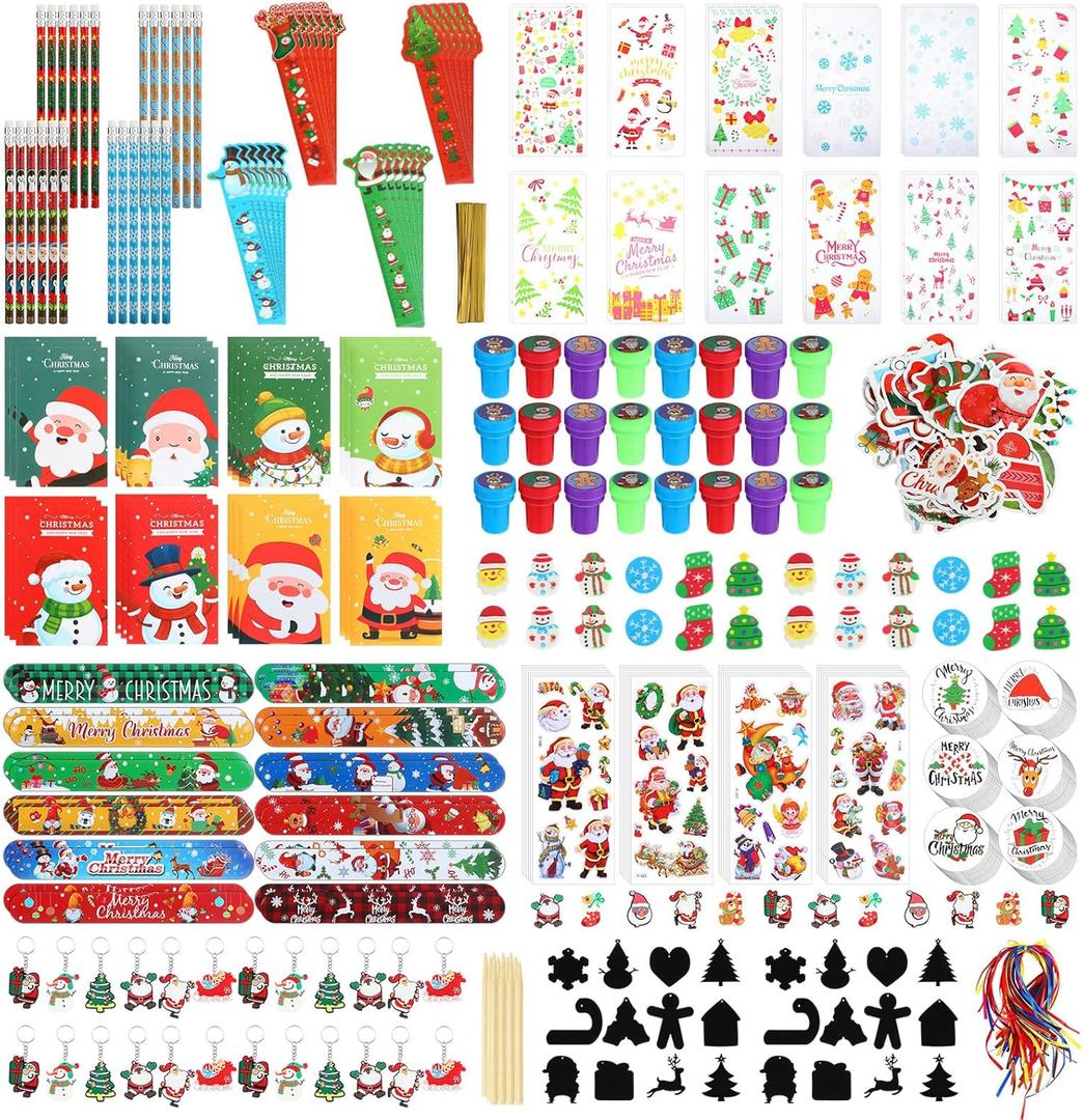 Cholemy 746 Pcs Christmas Classroom Gifts for Students from Teachers Bulk Xmas School Stationery Party Favors Class Stocking Stuffers Pencil Eraser Ruler Stamp Notepad Sticker Bracelet Goodie Bag