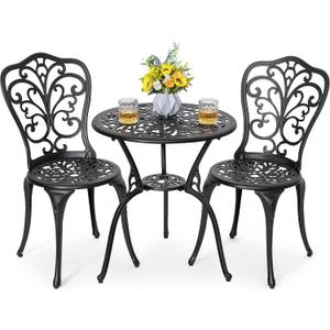 NUU GARDEN 3 Piece Bistro Set Outdoor, All Weather Cast Aluminum Patio Bistro Sets Patio Table and Chairs Set of 2 with Umbrella Hole for Yard, Balcony, Black, Butterfly Backrest, Without Cushion