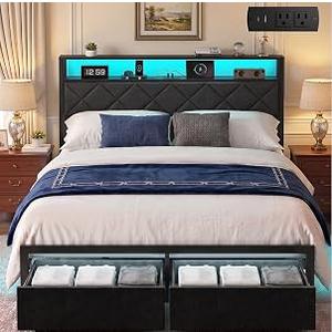 Petkulo Full Bed Frame with LED Lights, Charging Station & 2 Storage Drawers, Metal Platform with Upholstered Headboard, No Box Spring Needed, Easy Assembly
