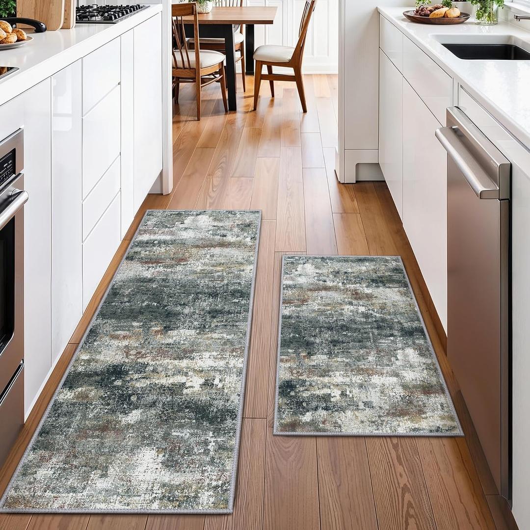 GENIMO Kitchen Rugs Sets of 2 Non Slip Washable Kitchen Mats for Floor, Waterproof Abstract Kitchen Runner Rug, Floor Mat Carpet for Hallway, Laundry, Sink, Entryway, Bathroom, Black/Brown