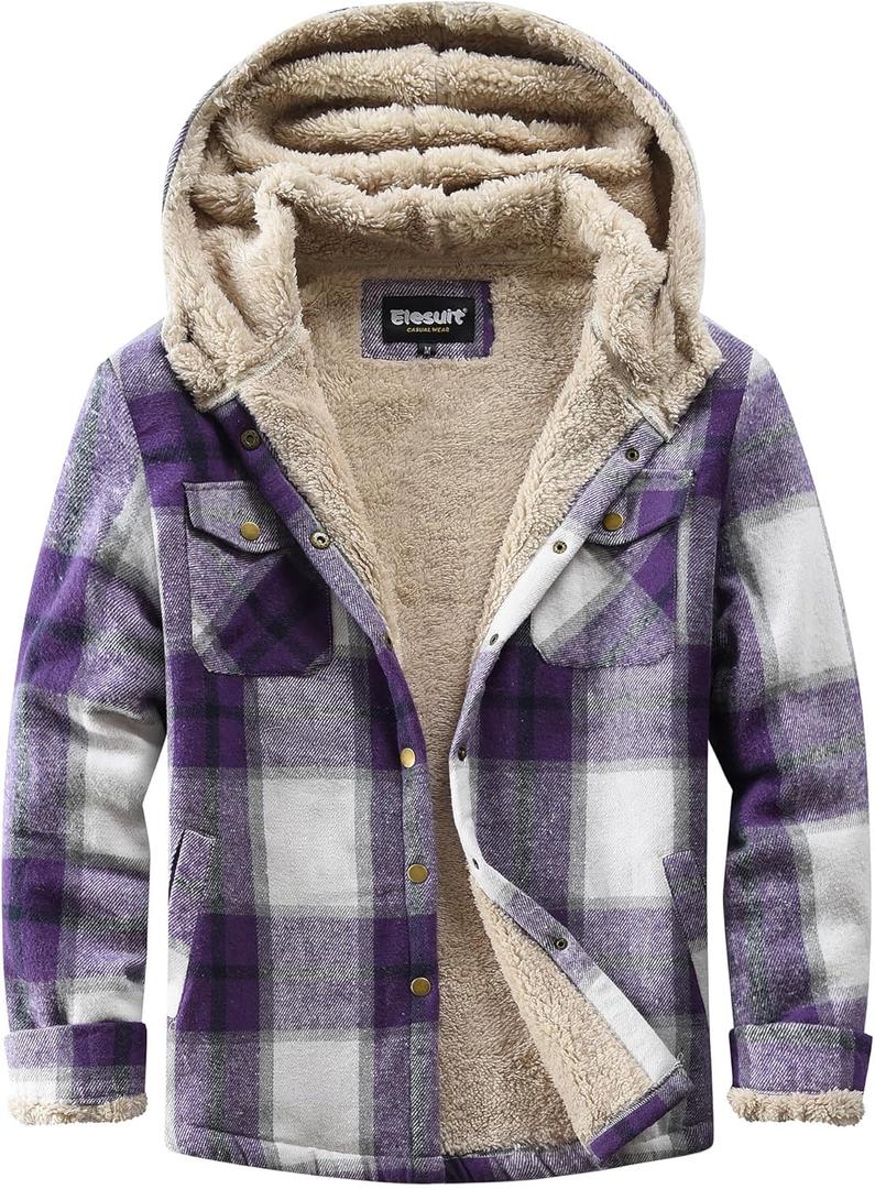 Elesuit Women's Fleece Flannel Jacket Plaid Sherpa Lined Jacket Long Sleeve Button Down Hooded Jackets for Women (Medium, Purple)
