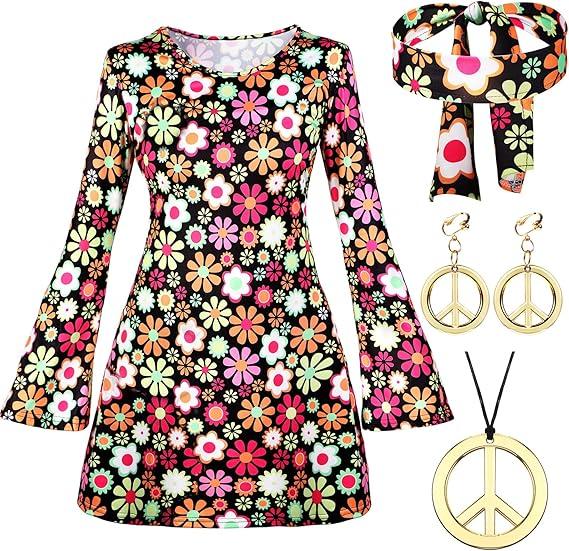 70s 80s Women Hippie Costume Set Disco Outfit Peace Sign Earring Necklace Headband Dress for Women Halloween Party XL